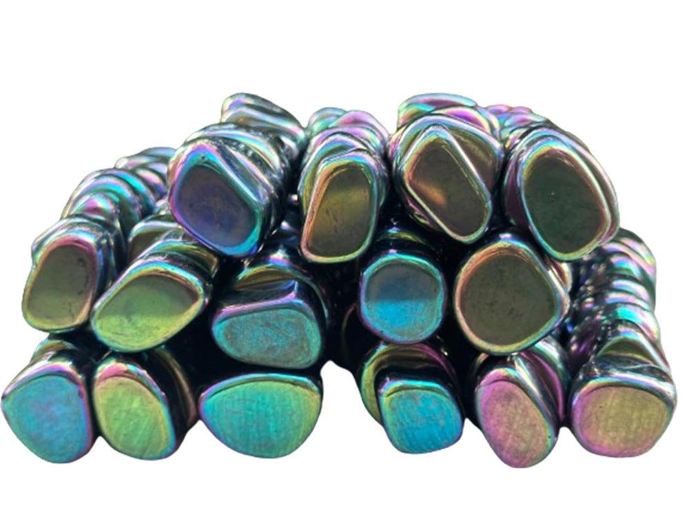 GAF TREASURES Rainbow Magnetic Hematite tumbled stone close-up shows natural color variation for meditation