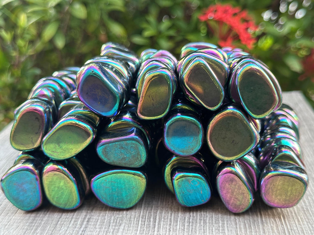 GAF Treasures Rainbow Magnetic Hematite stones display shifting hues for visual mindfulness.