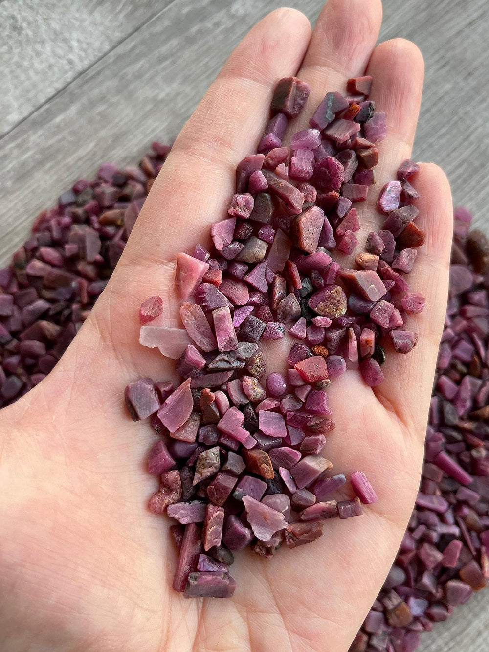 GAF TREASURES Ruby gemstone chips for decor and substrate in wood inlays.