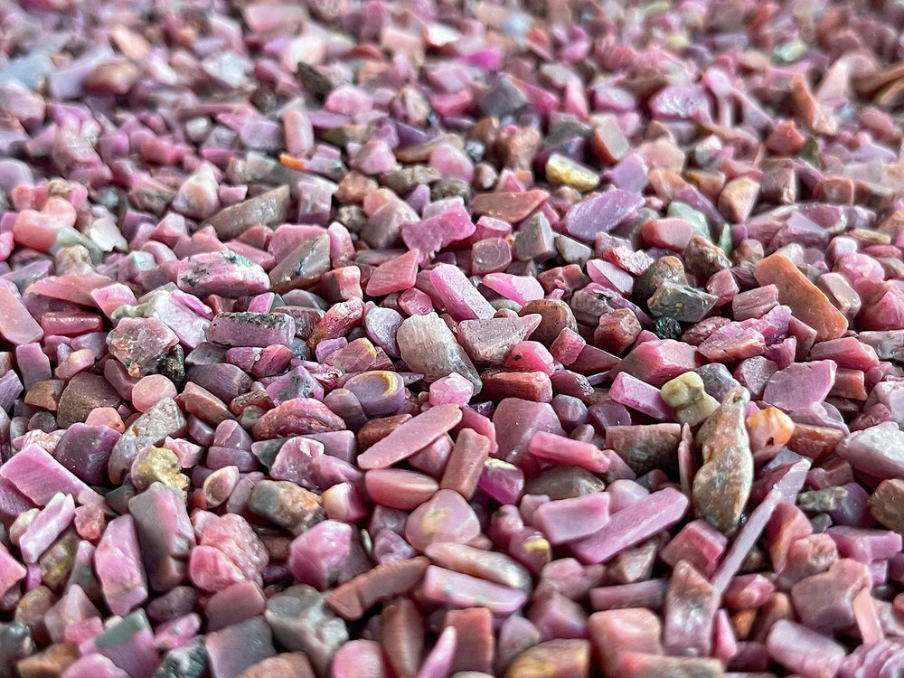 GAF TREASURES Ruby gemstone chips for garden art and terrarium accents.