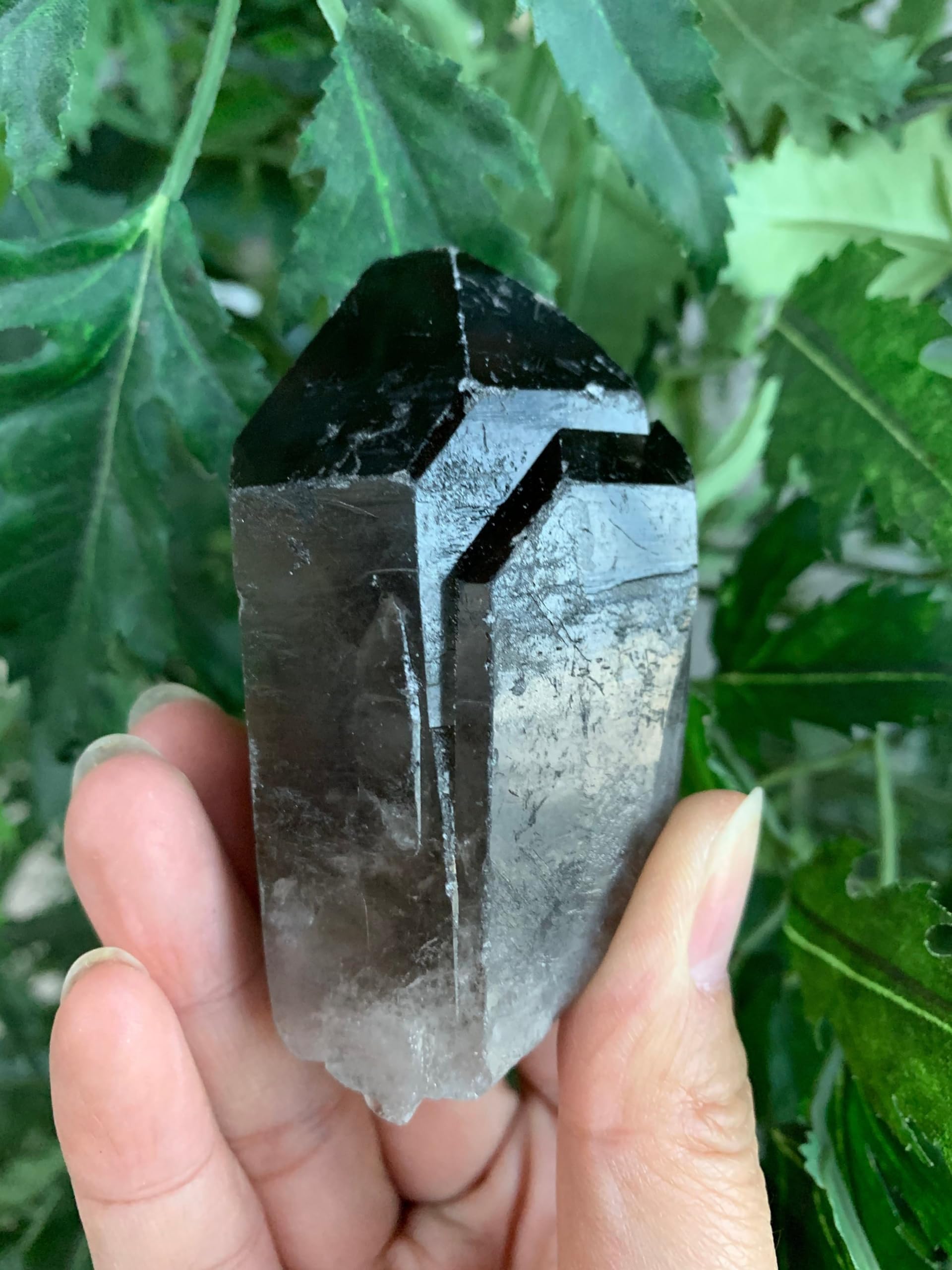 GAF TREASURES smoky quartz point closeup termination for grounding energy and calm display