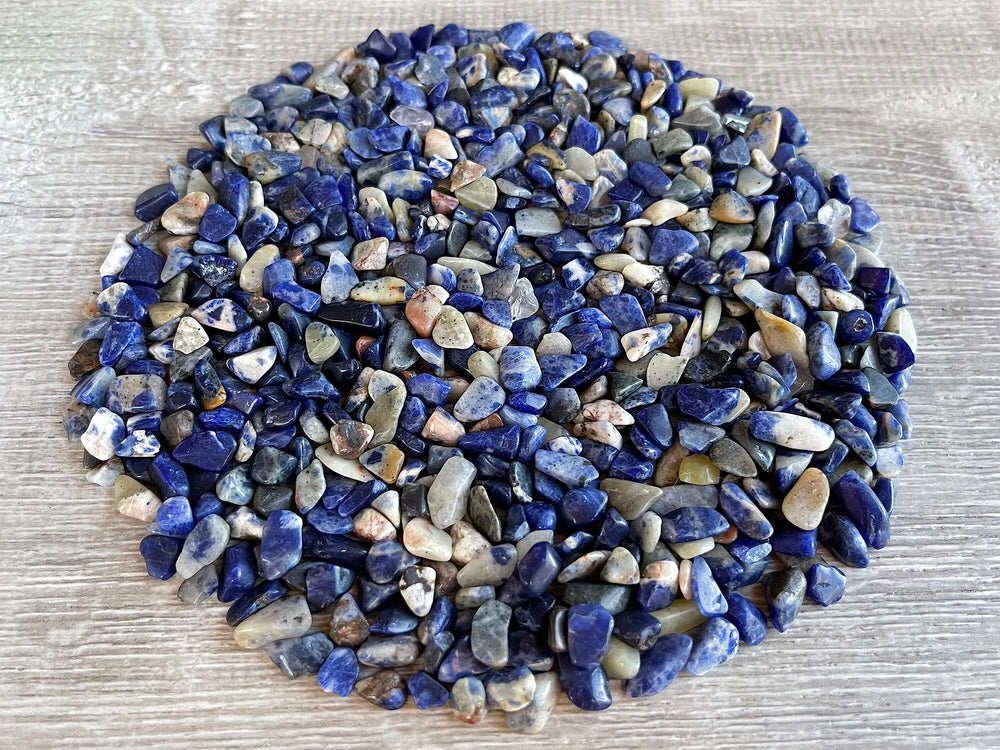 Gaf Treasures sodalite chips bulk packaging ideal for DIY projects.
