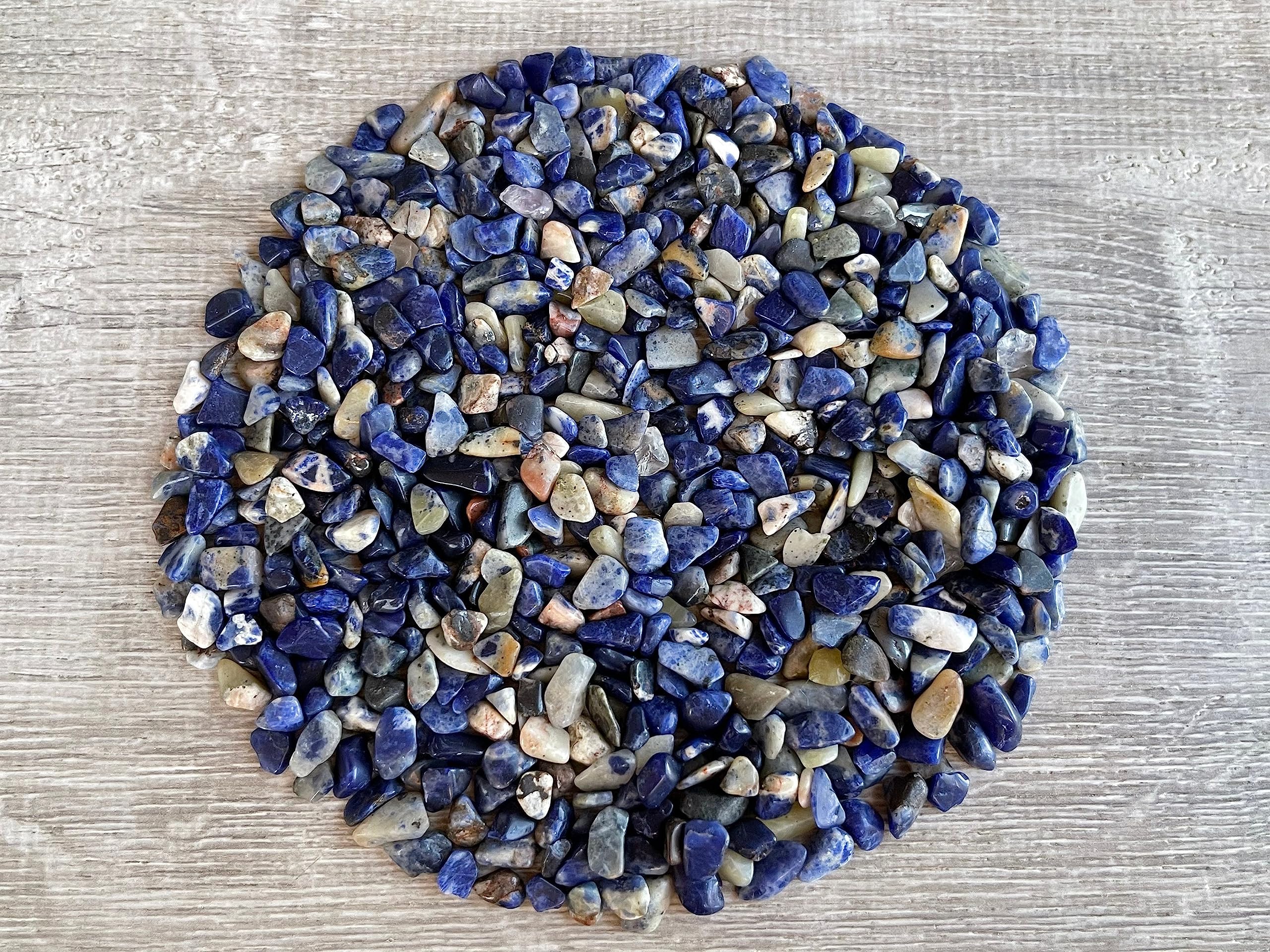 Gaf Treasures sodalite chips close-up showing natural blue hues for crafts.