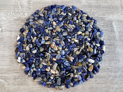 Gaf Treasures sodalite chips close-up showing natural blue hues for crafts.