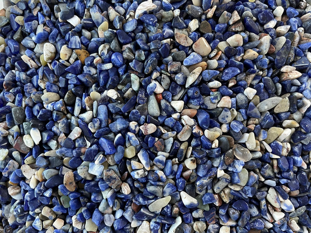 Gaf Treasures sodalite chips for garden accents and decor ideas.