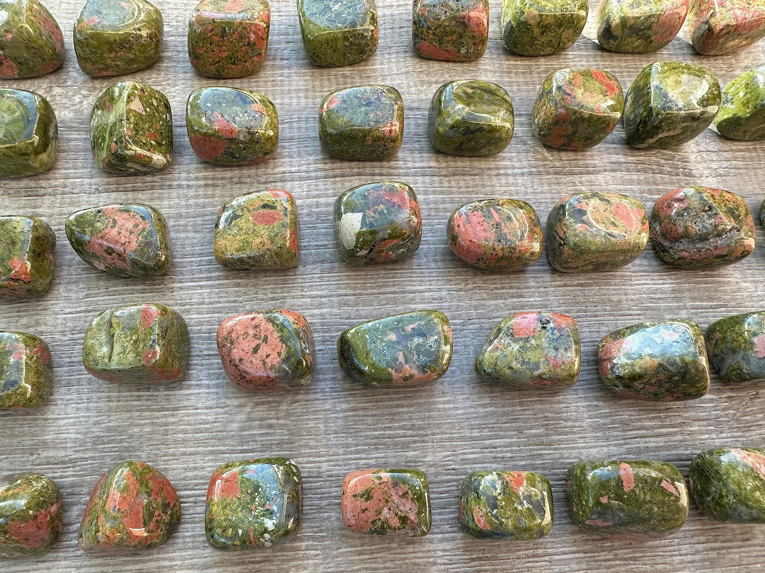 GAF TREASURES unakite polished rocks arranged for pocket carry and daily use