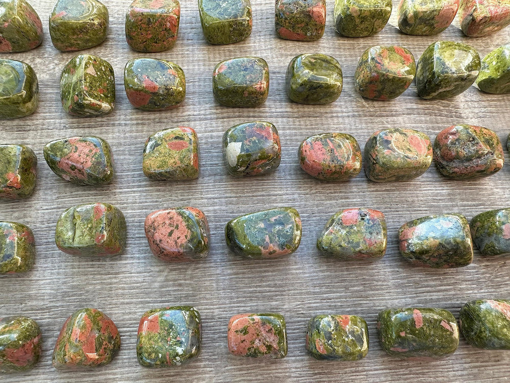 GAF TREASURES unakite polished rocks arranged for pocket carry and daily use