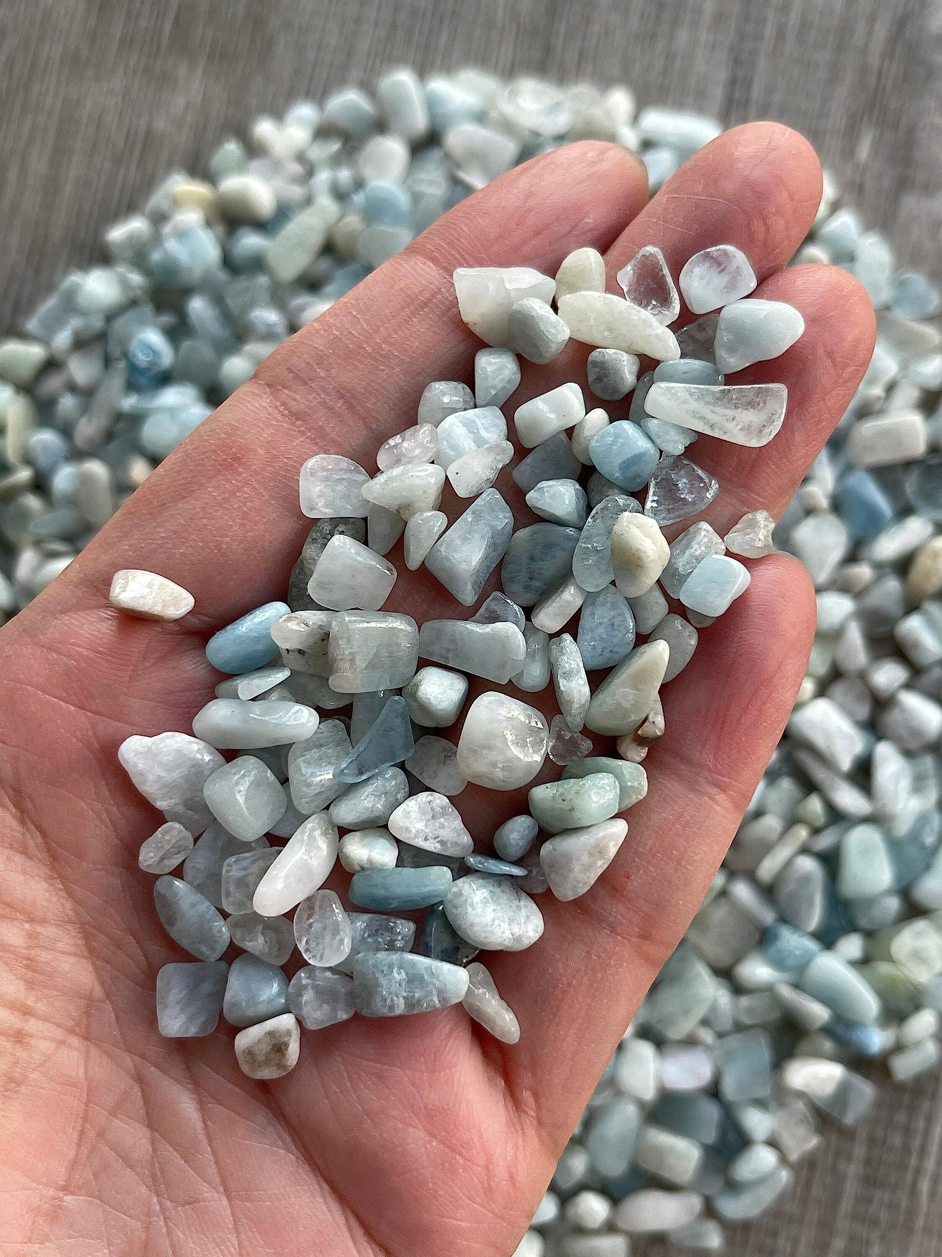 GAF Treasures undrilled aquamarine chips suitable for mosaics and beads.
