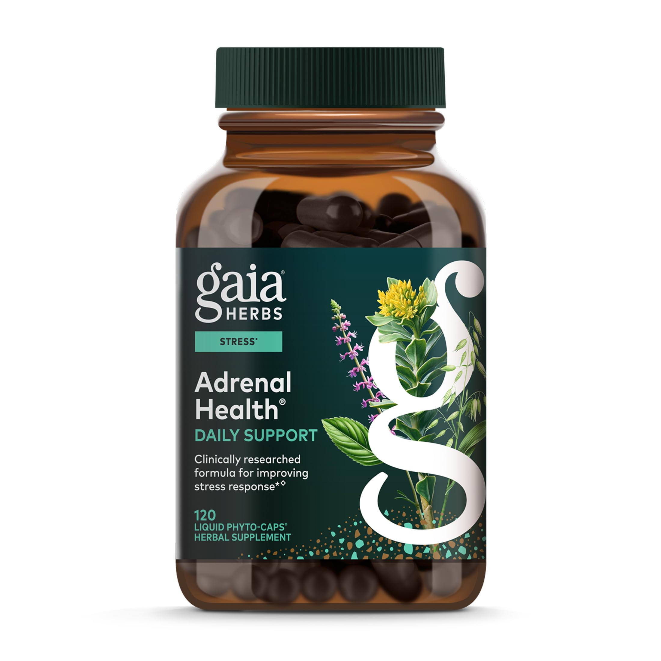 Gaia Herbs Adrenal Health bottle on shelf for daily stress support.
