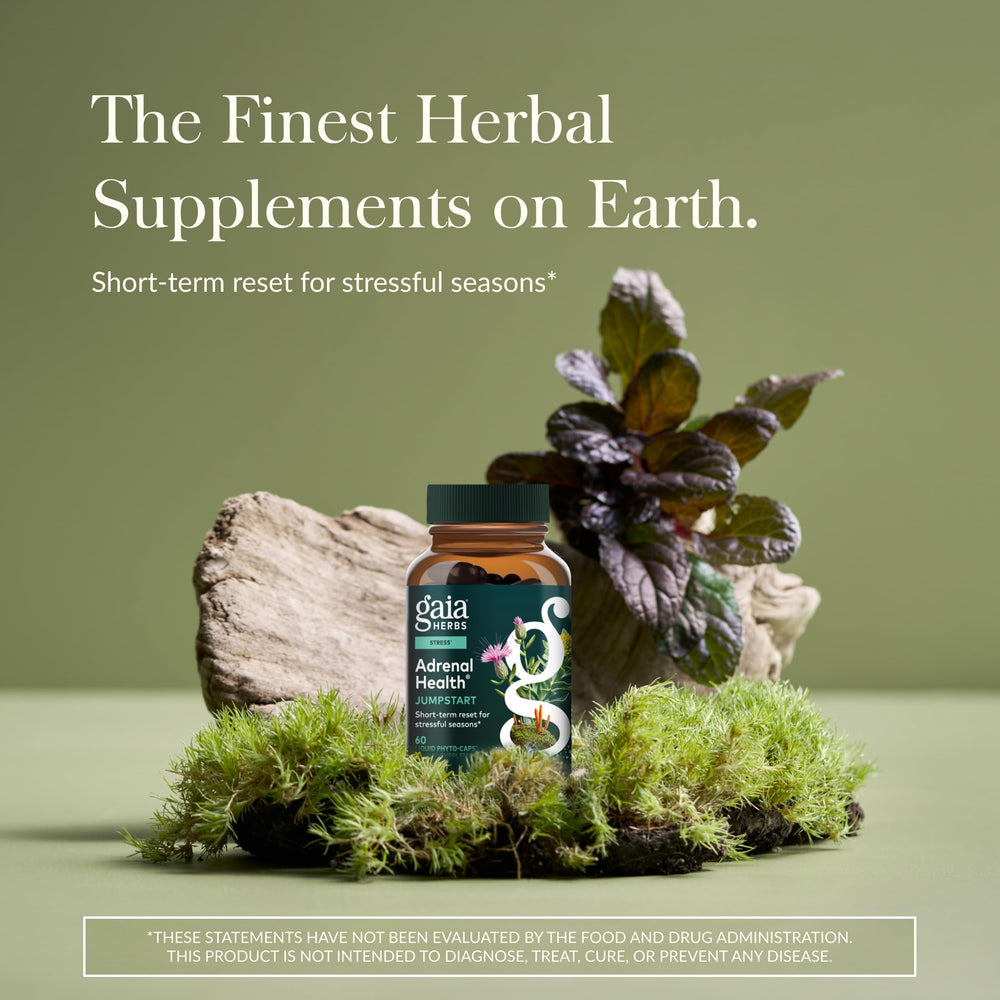 Gaia Herbs Adrenal Health Jumpstart capsules closeup highlights plant-based ingredients