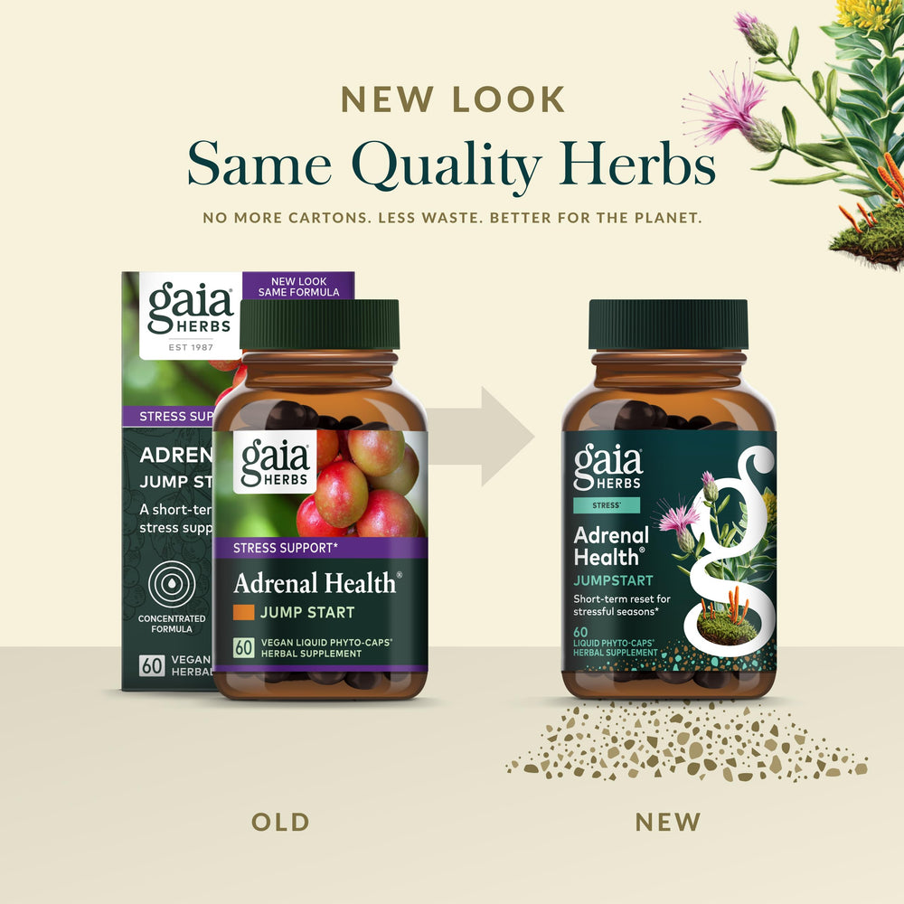 Gaia Herbs Adrenal Health Jumpstart capsules on wooden surface suggesting natural routine