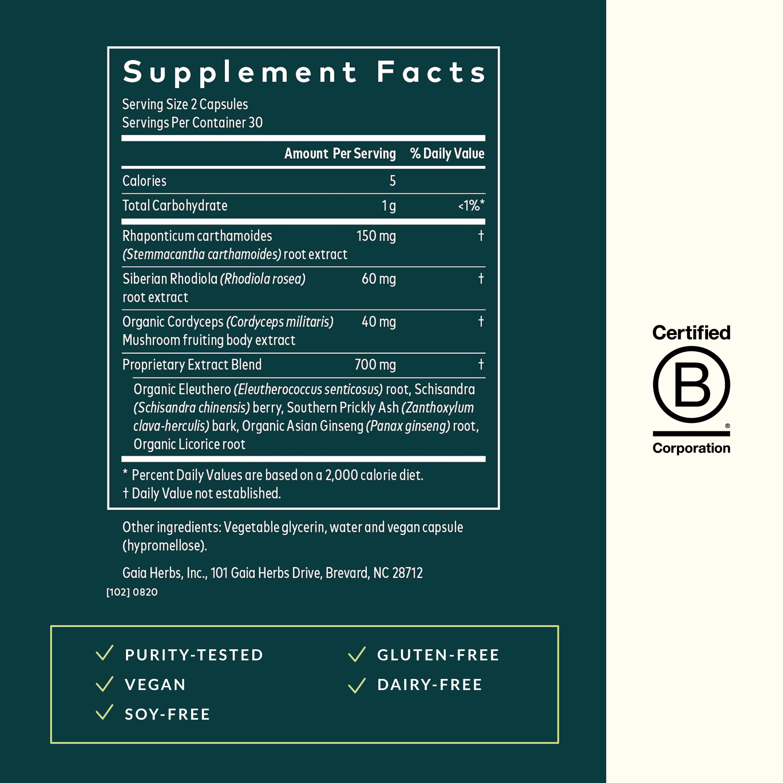 Gaia Herbs Adrenal Health Jumpstart label front detail highlights gluten-free vegan formula