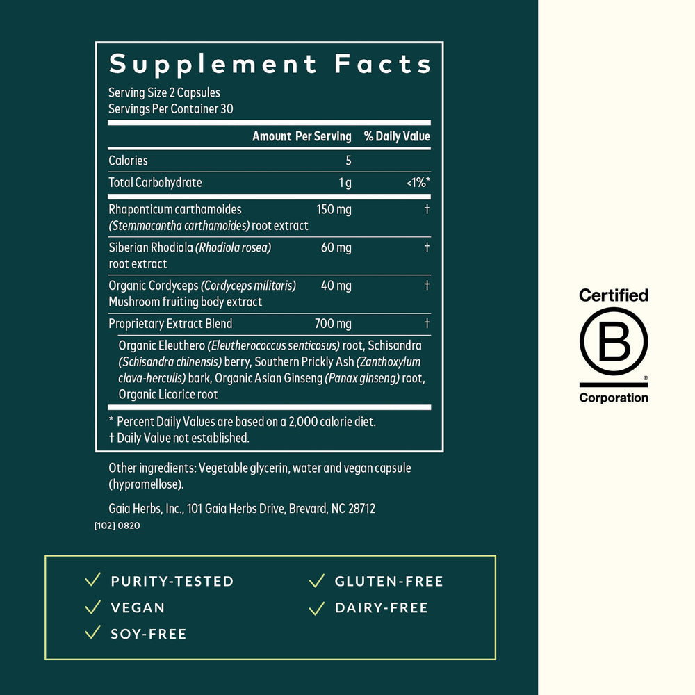 Gaia Herbs Adrenal Health Jumpstart label front detail highlights gluten-free vegan formula