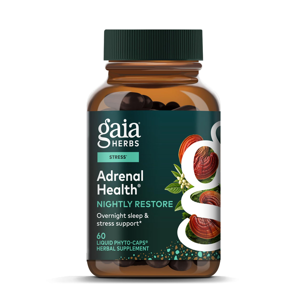 Gaia Herbs Adrenal Health Nightly Restore bottle front for a calming nightly routine.