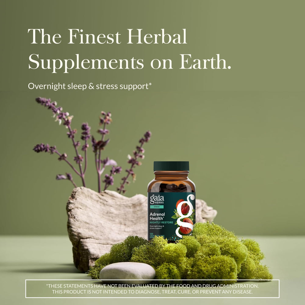 Pouring Gaia Herbs Adrenal Health Nightly Restore capsules for convenient nightly use.