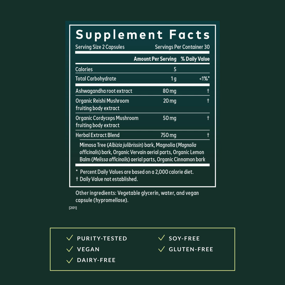 Close-up of Gaia Herbs Adrenal Health Nightly Restore vegan capsules for evening relaxation support.