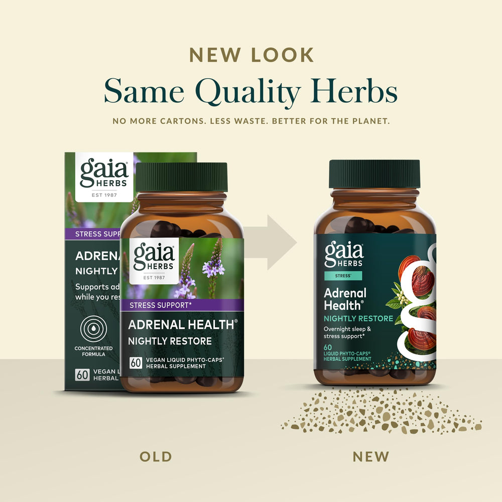 Cordyceps in Gaia Herbs Adrenal Health Nightly Restore supports daily wellness routines.