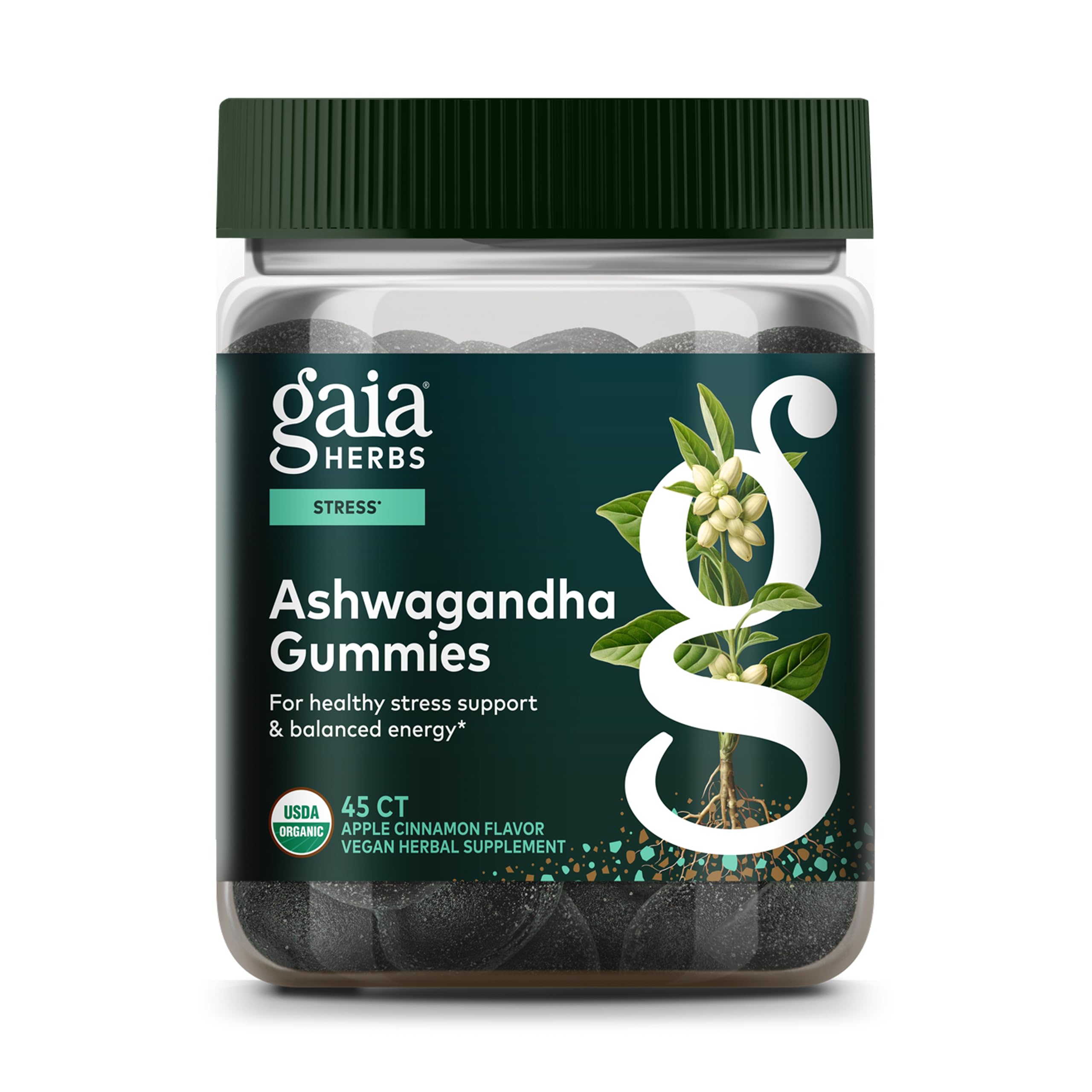 Gaia Herbs Ashwagandha Gummies bottle pouring for stress support and daily balance
