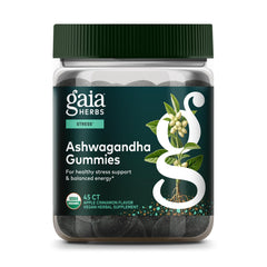 Gaia Herbs Ashwagandha Gummies bottle pouring for stress support and daily balance