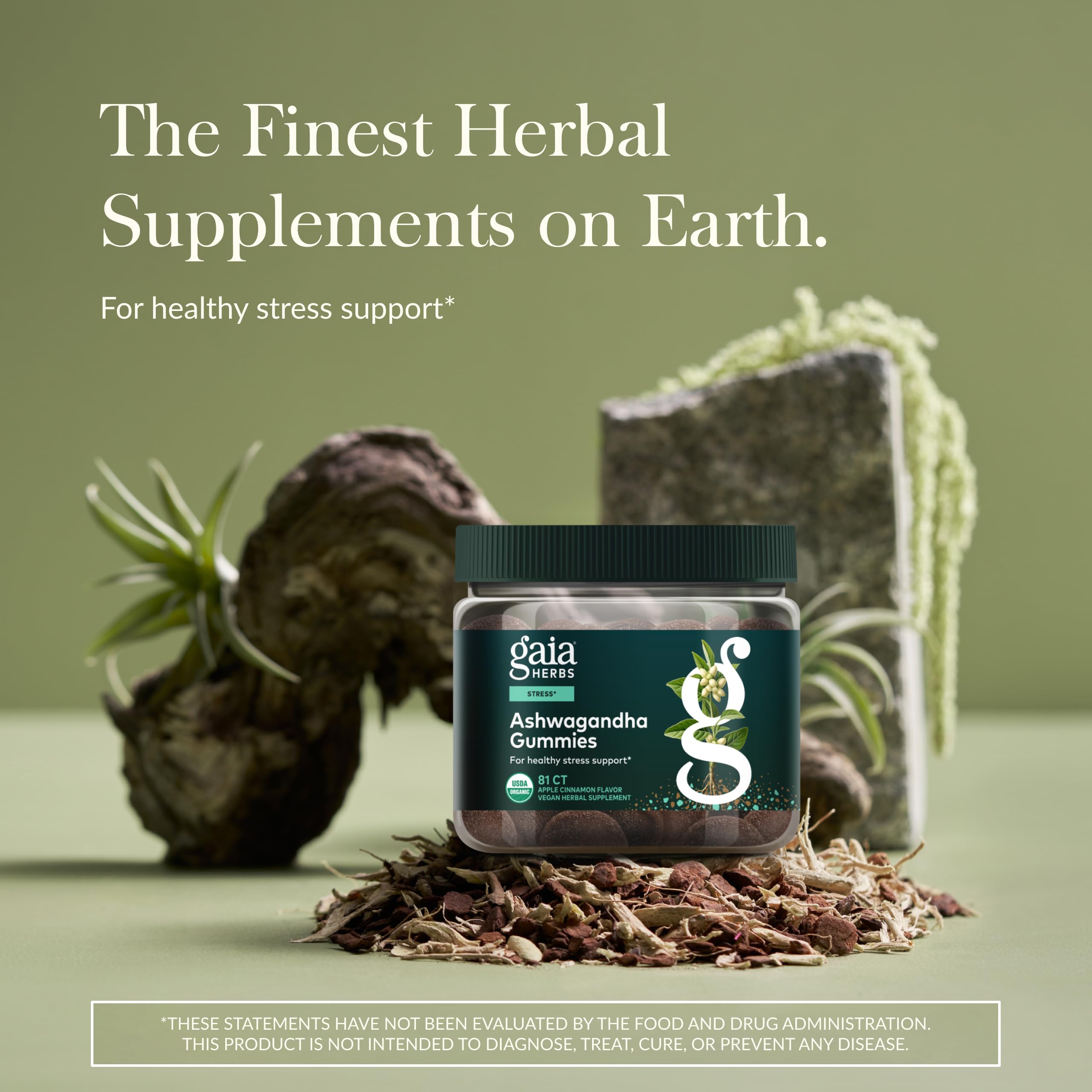 Gaia Herbs Ashwagandha Gummies jar closeup showing color and texture ideal for daily wellness.