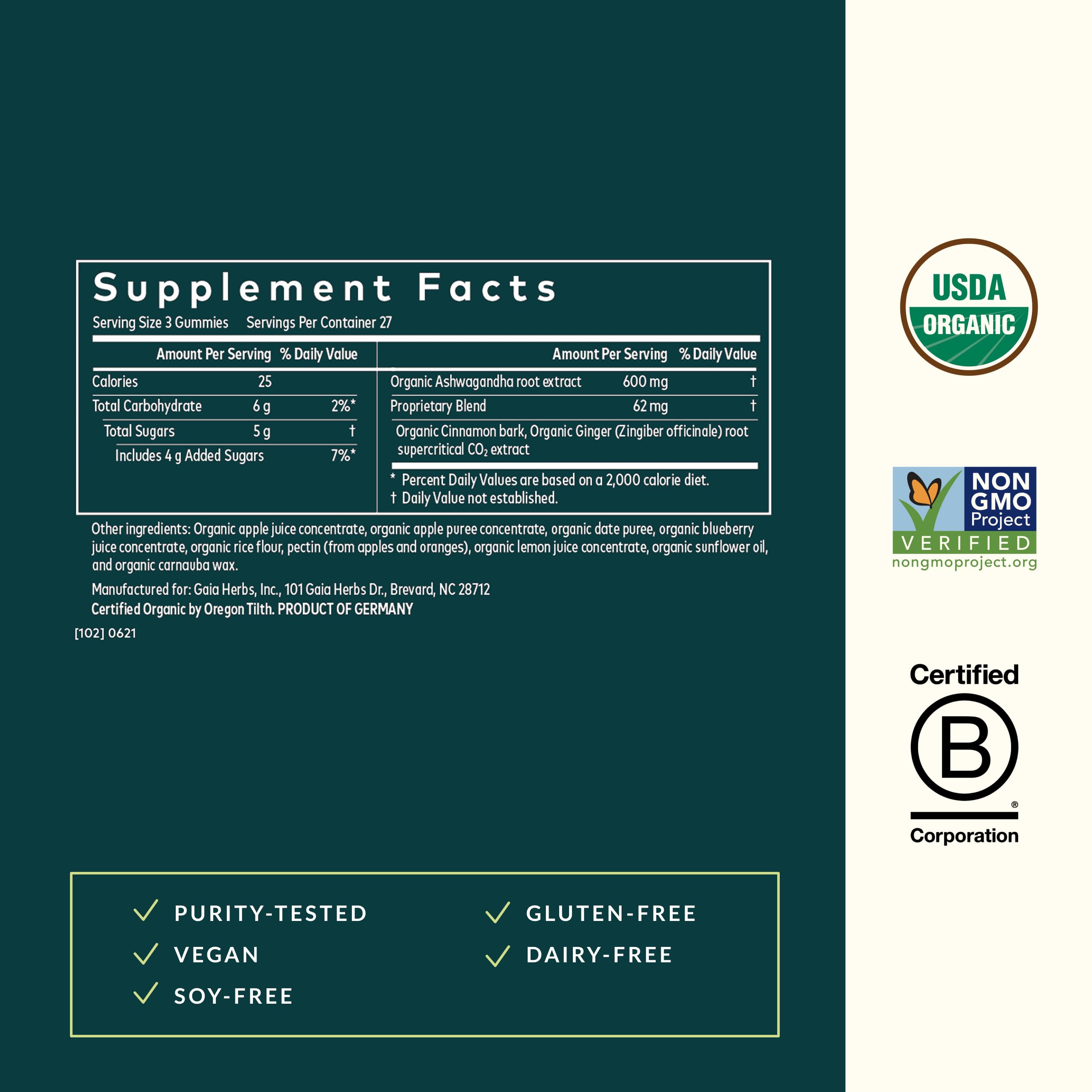 Gaia Herbs Ashwagandha Gummies label detail emphasizing gluten-free and vegan ingredients.