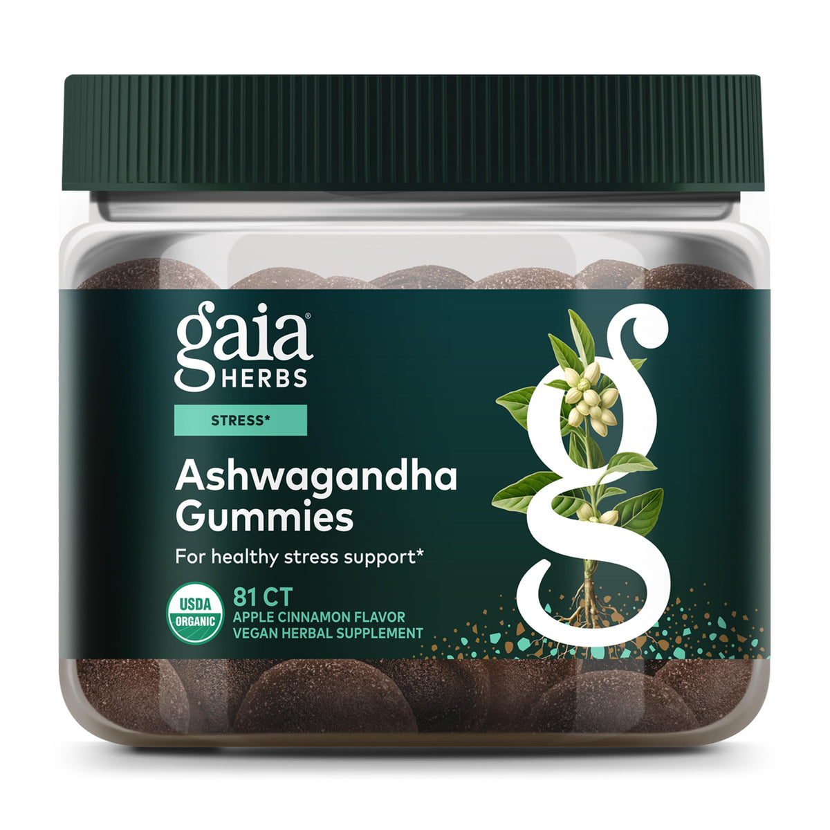 Gaia Herbs Ashwagandha Gummies pack shot highlighting cinnamon and ginger flavors for stress-friendly routine.