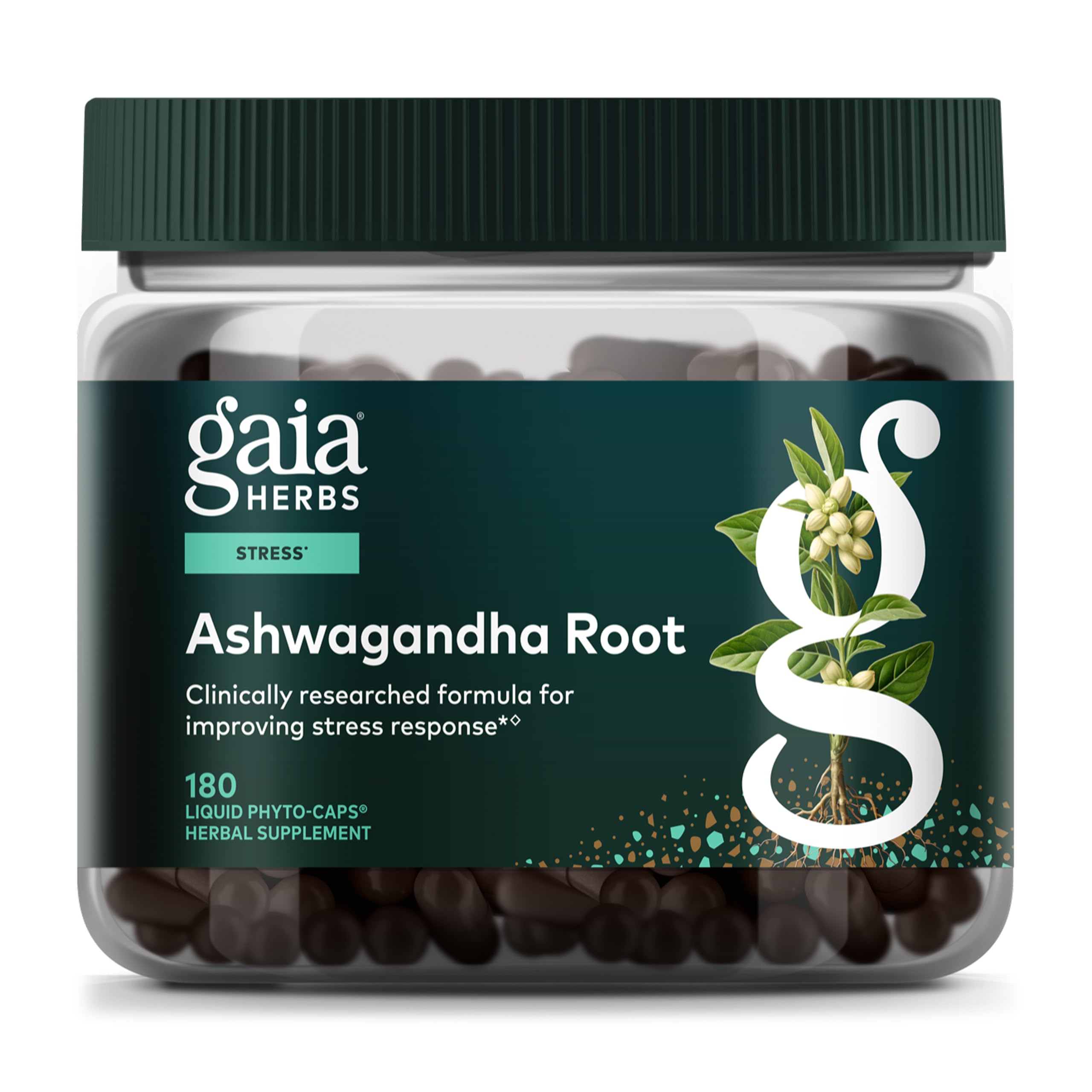 Gaia Herbs Ashwagandha Root bottle shows convenient capsules for daily stress support.