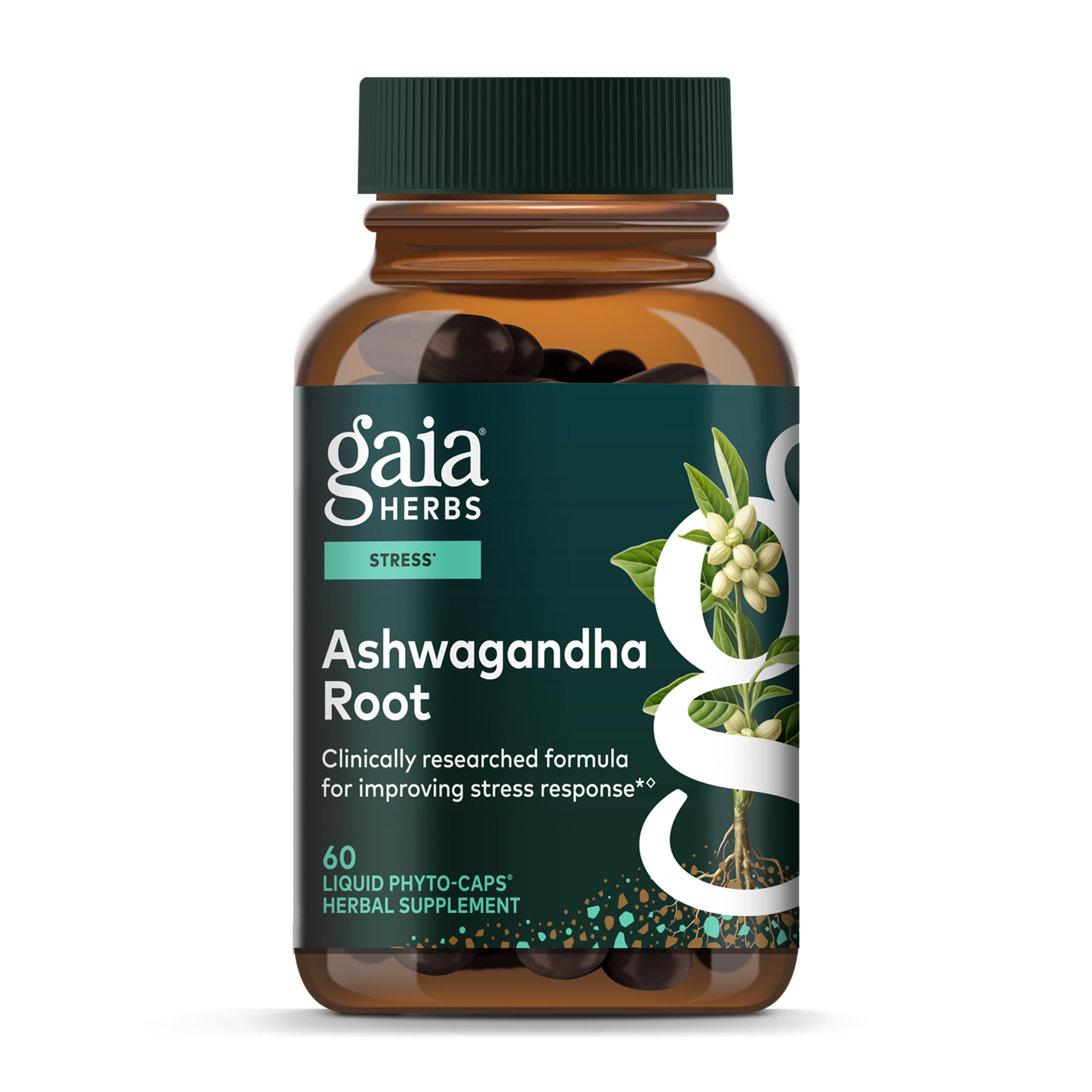 Gaia Herbs Ashwagandha root bottle for daily stress support.
