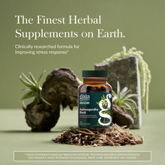 Gaia Herbs Ashwagandha capsules close-up; vegan capsules for adaptable energy.