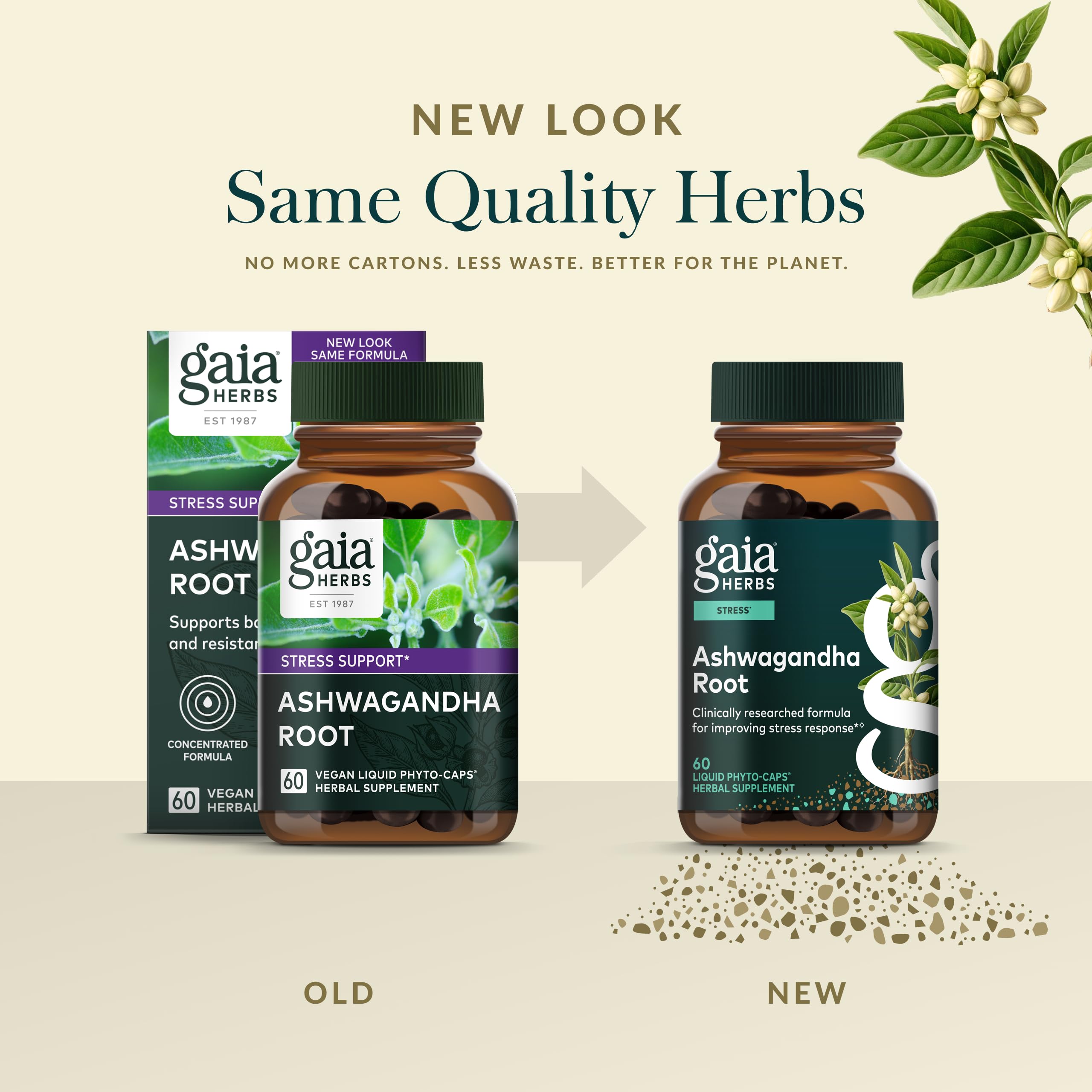 Gaia Herbs Ashwagandha root ingredients panel highlights vegan capsules.