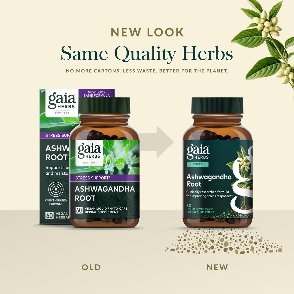 Gaia Herbs Ashwagandha root ingredients panel highlights vegan capsules.