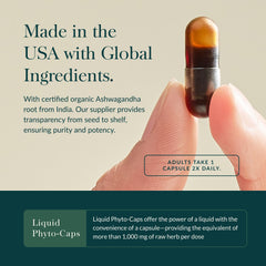 Gaia Herbs Ashwagandha Root label detail reveals clean ingredients and origin.