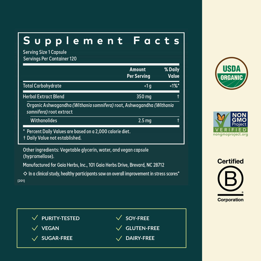 Gaia Herbs Ashwagandha root label; transparent sourcing and quality.
