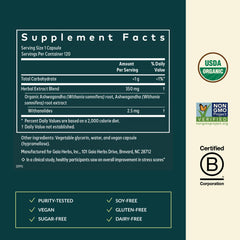 Gaia Herbs Ashwagandha root label; transparent sourcing and quality.