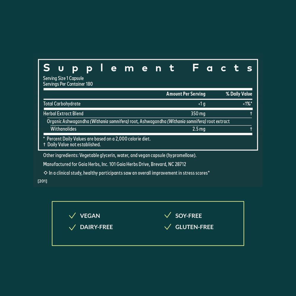 Gaia Herbs Ashwagandha Root package front emphasizes organic sourcing and plant-based wellness.