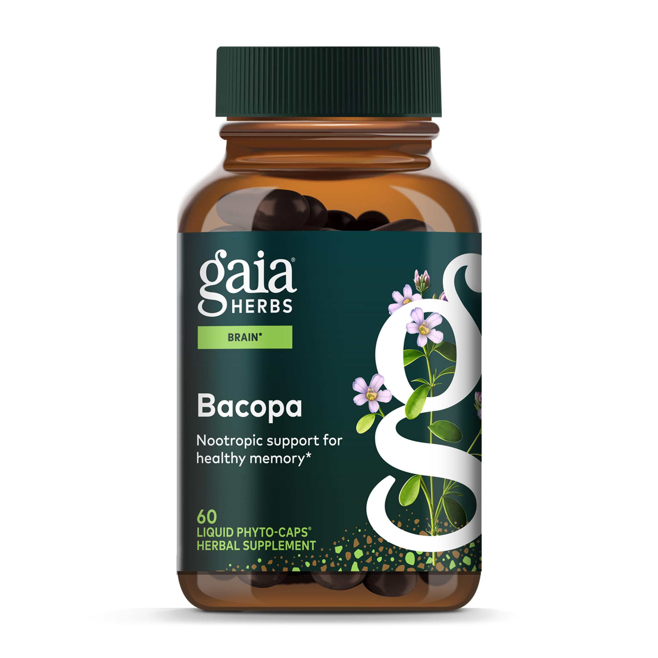 Gaia Herbs Bacopa bottle front with clean label for daily cognitive support