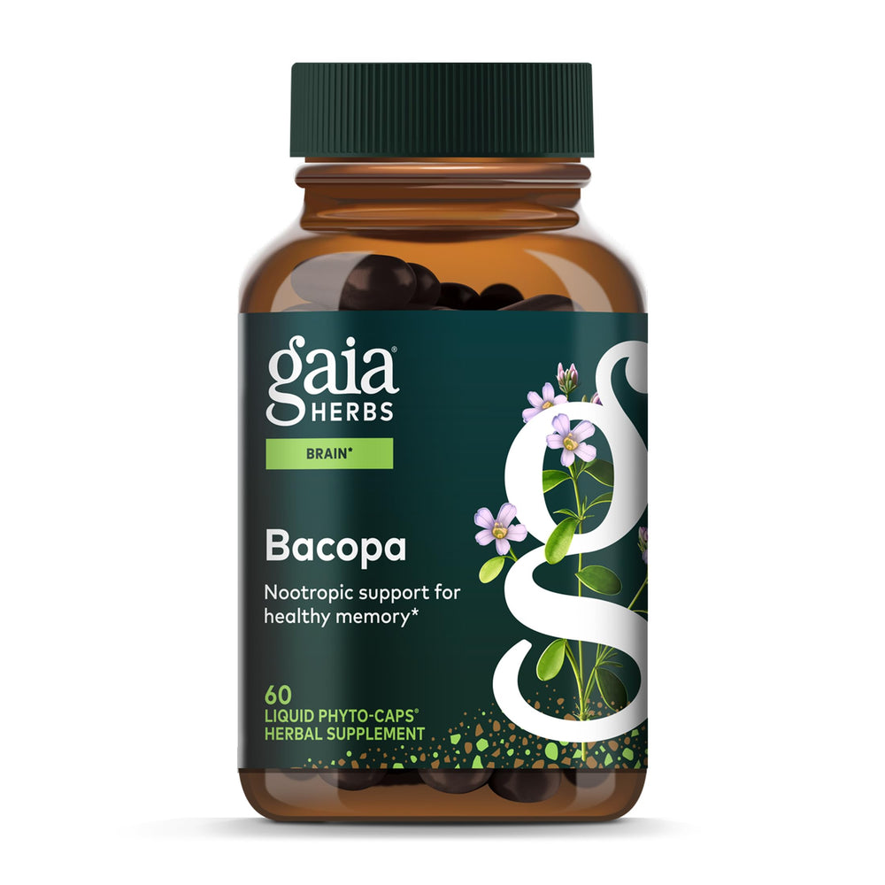 Gaia Herbs Bacopa bottle front with clean label for daily cognitive support
