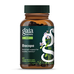 Gaia Herbs Bacopa bottle front with clean label for daily cognitive support