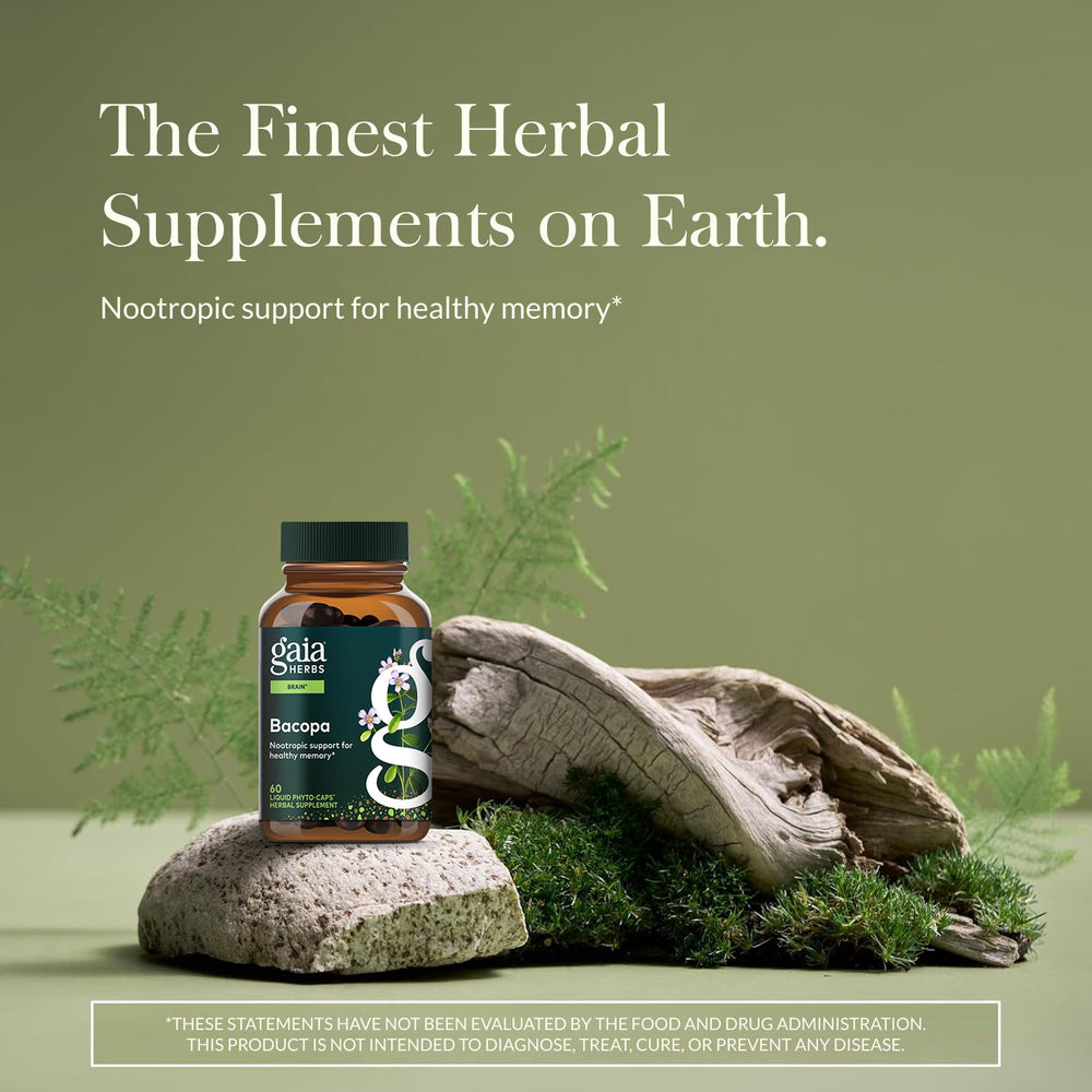 Gaia Herbs Bacopa capsules close-up highlighting vegan phyto-capsules for focus