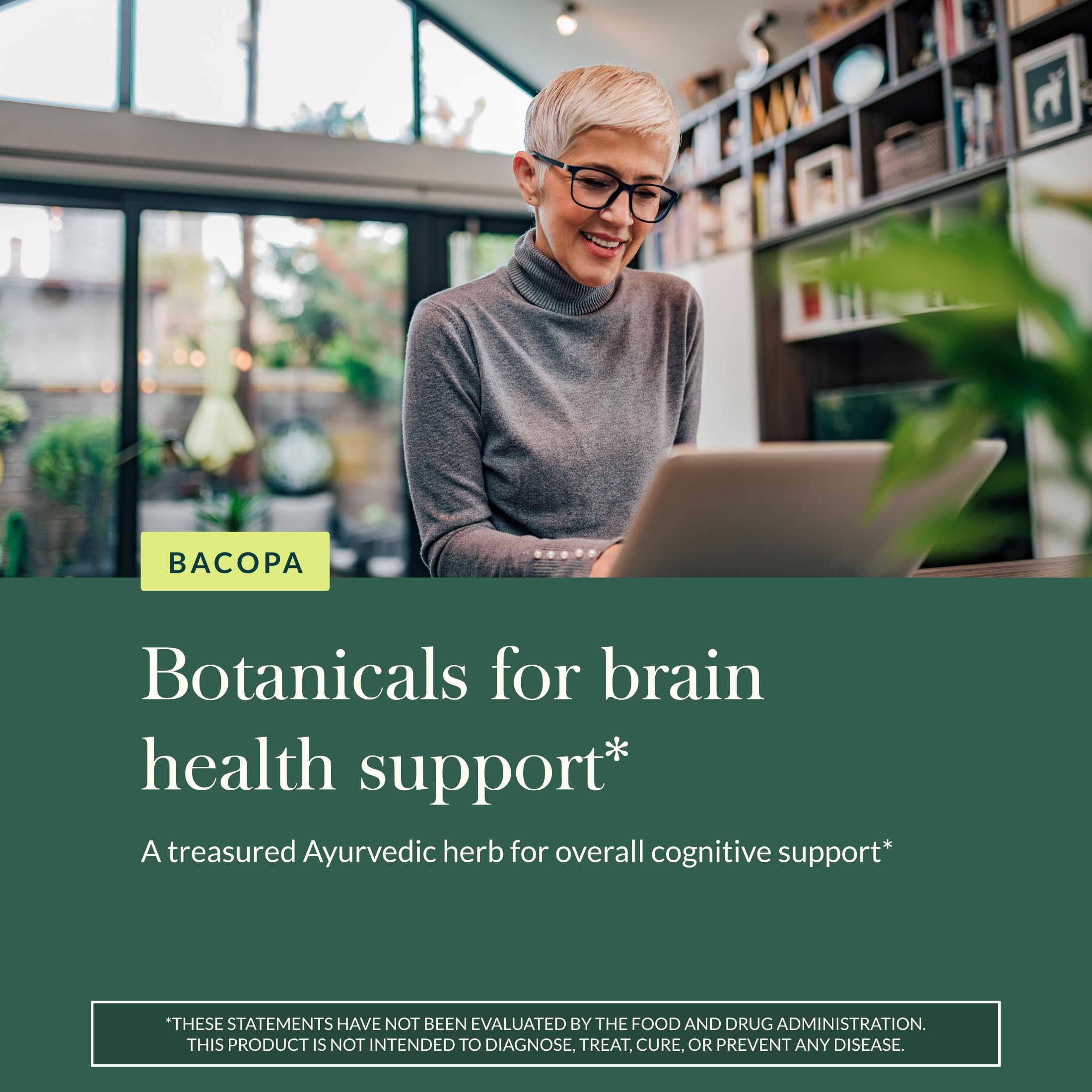 Gaia Herbs Bacopa packaging box displays serving size and vegan promise