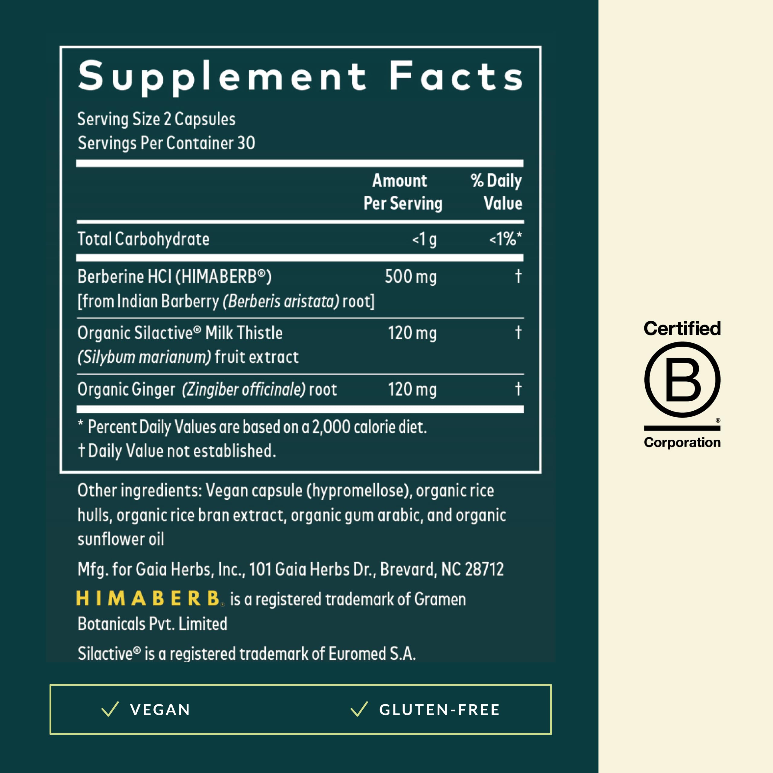 Gaia Herbs Berberine Milk Thistle label highlights key ingredients.