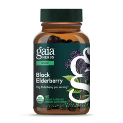 Gaia Herbs Black Elderberry bottle close-up highlighting vegan immune support