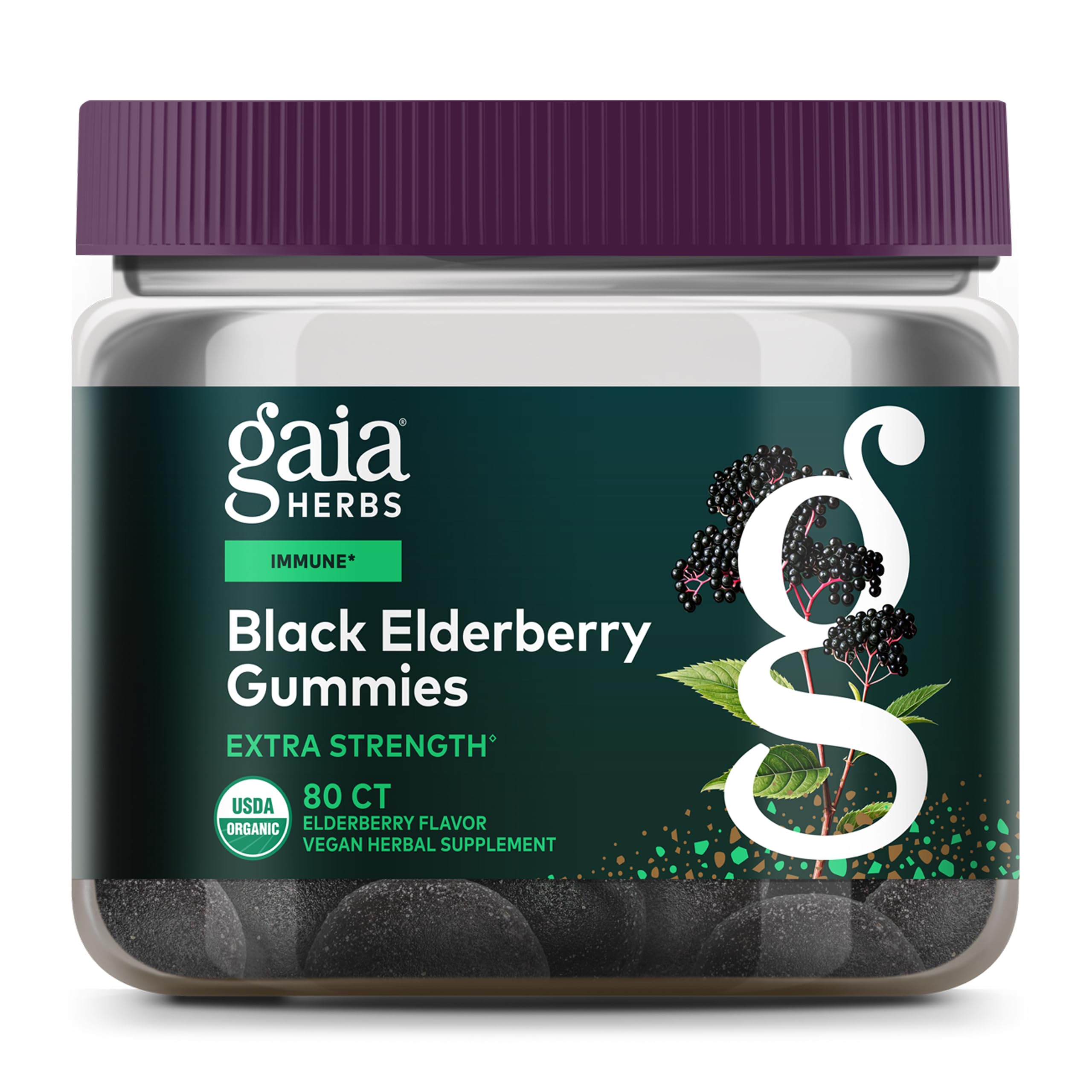 Gaia Herbs Black Elderberry gummies bottle for convenient daily immune support.