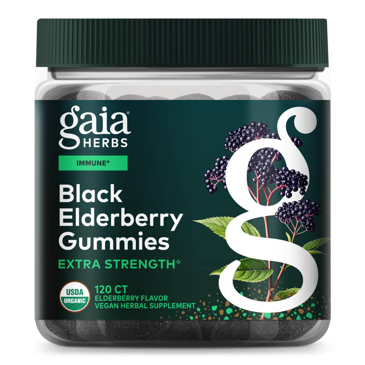 Gaia Herbs Black Elderberry gummies bottle showing 120 gummies for daily immune support