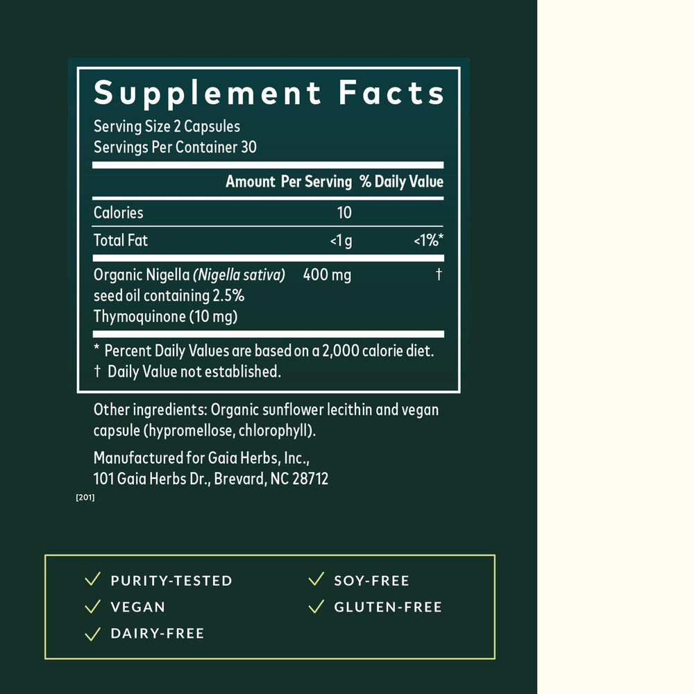 Gaia Herbs label close-up showing 10 mg thymoquinone per serving