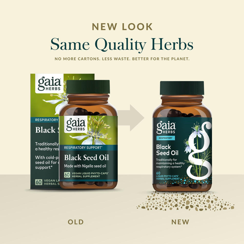 Gaia Herbs Black Seed Oil capsules gluten-free and soy-free information visible