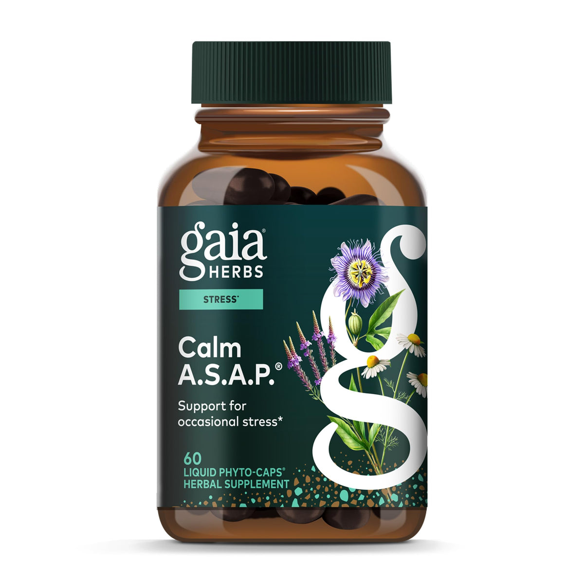 Gaia Herbs Calm A.S.A.P. bottle front highlighting stress support