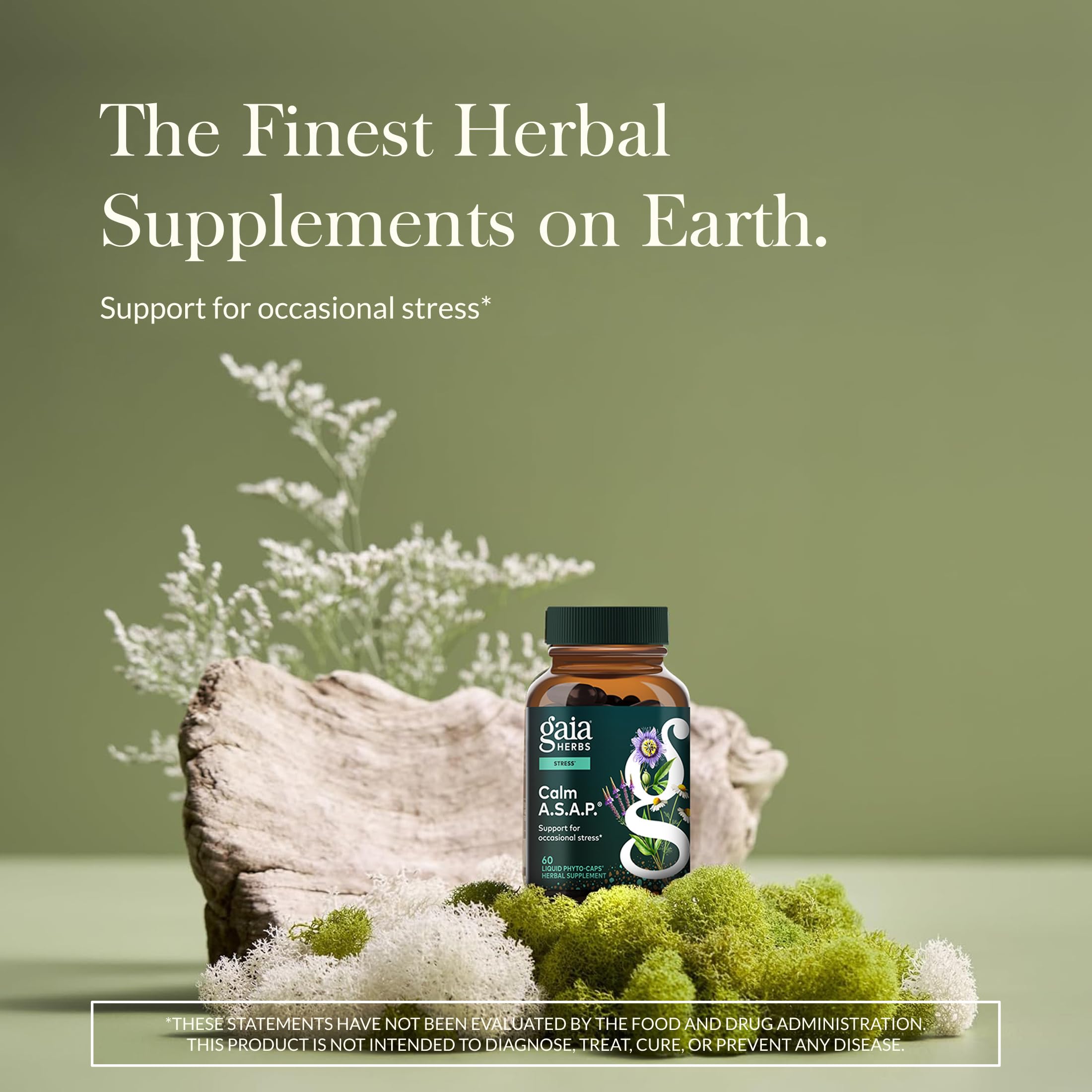 Gaia Herbs Calm A.S.A.P. label close up showing calming herb blend