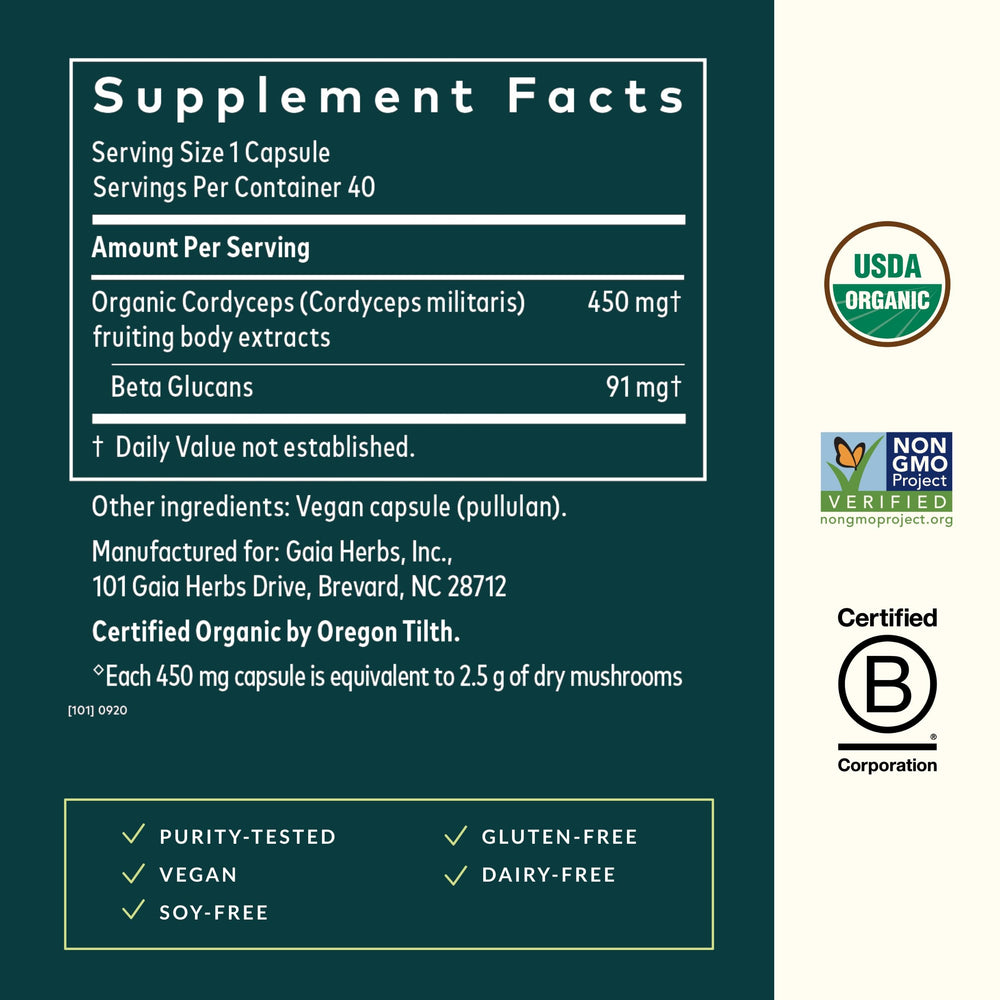 Gaia Herbs Cordyceps vegan liquid capsules for easy daily use
