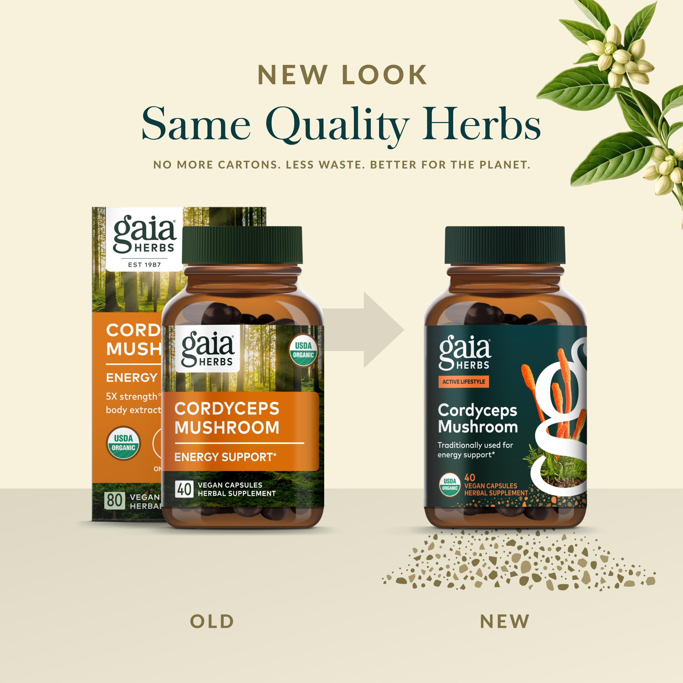 Gaia Herbs Cordyceps packaging emphasizes sustainable sourcing